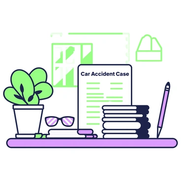A stack of legal documents is placed on a lawyer's desk. The documents are neatly organized, with the top paper clearly labeled "Car Accident Case." Next to the stack, there is a purple pen resting on an open notepad. A pair of glasses is positioned beside the documents, reflecting light from a window. In the background, there is a small potted plant with green leaves, adding a touch of greenery to the scene. The desk has a polished surface, highlighting the professional atmosphere of the workspace.