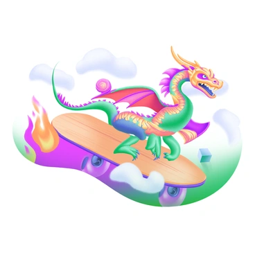A skateboard deck featuring a "vibrant custom illustration" of a "dragon" that covers the entire surface. The dragon has bright, swirling scales in shades of red, green, and gold, with intricate details highlighting its fierce expression and sharp claws. It is positioned in a dynamic pose, as if soaring through the air. Surrounding the dragon are stylized clouds and flames, adding depth and excitement to the design. The skateboard deck itself has a clean wooden finish, contrasting with the bright colors of the illustration.