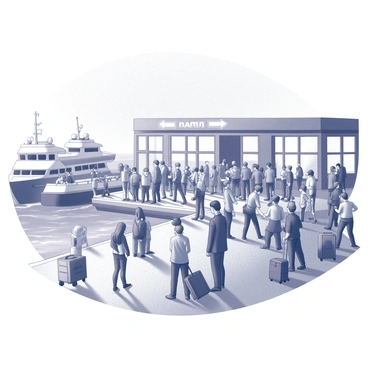 A ferry terminal filled with passengers. Groups of people are gathered, some waiting in line to board boats, while others are stepping off vessels onto the dock. There are various boats docked, each with distinct shapes and sizes. Luggage carts can be seen moving through the crowd. The scene is lively, with individuals chatting and families reuniting. In the background, signage directs travelers to different destinations, and the terminal's architecture includes large windows allowing ample natural light.