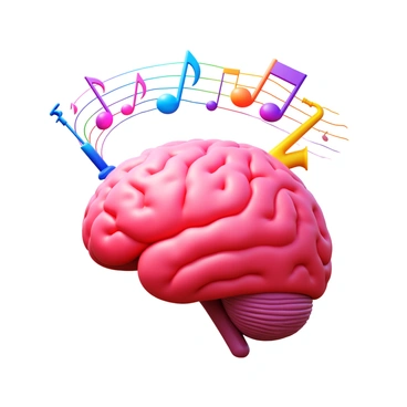 A brain with musical notes and instruments flowing from it