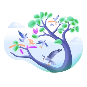 A scene depicting a flock of birds in mid-flight, taking off from a tree branch. The birds are varied in species, showcasing different colors and sizes. Below the branch, a sleek predator, such as a hawk or falcon, is poised and alert, with its eyes focused on the flock. The tree branch is sturdy and textured, adorned with vibrant green leaves, creating a natural frame for the action. The sky in the background is a soft blue, adding a tranquil contrast to the tension of the moment.