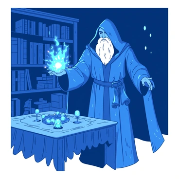 A blue wizard dressed in a detailed robe featuring intricate silver patterns is standing in a darkened room. The robe flows elegantly around him, and it has a hood that partially obscures his face. He is extending one hand forward, casting a powerful spell, from which bright sparks of energy are emerging. The room is filled with shelves of ancient books and mystical artifacts, and the faint glow of the spell illuminates the surroundings, revealing an ornate wooden table covered with glowing crystals. Shadows dance on the walls, enhancing the mysterious atmosphere.