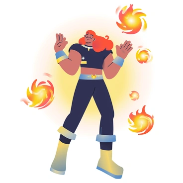 An elemental master with tanned skin and long flowing red hair is standing confidently, surrounded by swirling fireballs that are dancing around him in mid-air. He is wearing a fitted black outfit with gold accents, and his arms are raised as he commands the flames. The fireballs are glowing brightly, casting flickering shadows around him. The background displays subtle hints of orange and yellow tones, emphasizing the vibrant energy of the fire. His intense gaze reflects determination and focus as he harnesses the power of fire.
