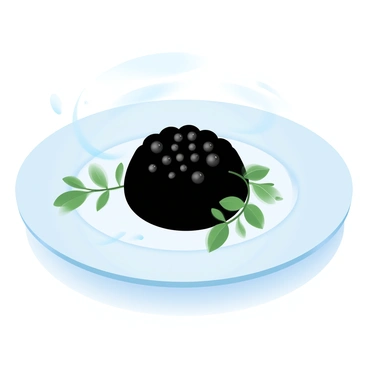 A minimalist plate is centered on a simple, elegant table. The plate features a single exquisite heap of caviar, glistening and black. Around the heap are delicate sprigs of fresh herbs, adding a touch of green. The background is softly blurred, emphasizing the focal point of the plate and its luxurious contents. The lighting is gentle, highlighting the texture of the caviar and the freshness of the herbs.