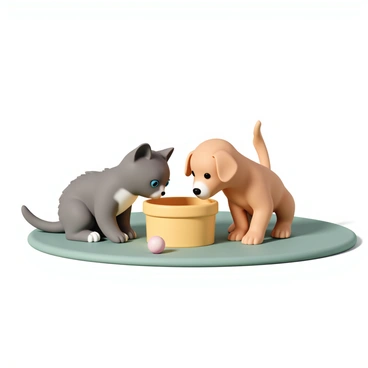 A fluffy grey kitten with bright blue eyes and a white patch on its chest is sitting next to a small yellow potty. The kitten is tilting its head slightly, displaying curiosity. Next to it, a playful golden retriever puppy with floppy ears is sniffing at the potty, its tail wagging energetically. The puppy has a light brown coat and a white spot on its nose, adding to its charm. Both animals are positioned on a soft green carpet, with some scattered toys around them, enhancing the playful atmosphere. The lighting is soft and warm, highlighting their adorable features as they explore the tiny potty.