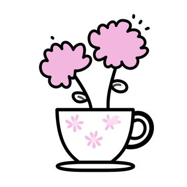 A dainty tea cup, decorated with delicate floral patterns, is filled with blooming pink carnations. The cup is placed on a simple white tablecloth, creating a soft contrast. The carnations, with their ruffled petals and vibrant color, stand tall and full within the cup, adding a touch of elegance. The tea cup is positioned at the center of the table, serving as a striking centerpiece.