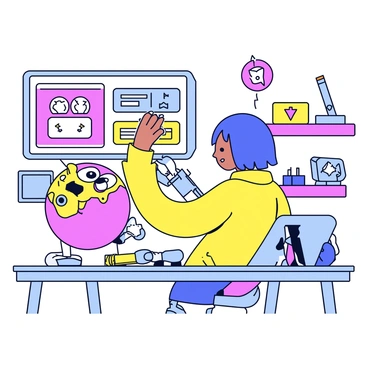 A character with short blue hair wearing a yellow jumpsuit is sitting at a workbench in a futuristic mobile game workshop. The character is focused on repairing a quirky robot, which has a round body and large googly eyes. Tools are scattered around the workbench, including a wrench and a soldering iron. The workshop has bright, colorful screens displaying game graphics and designs in the background. Various other robotic parts and gadgets are neatly organized on shelves.