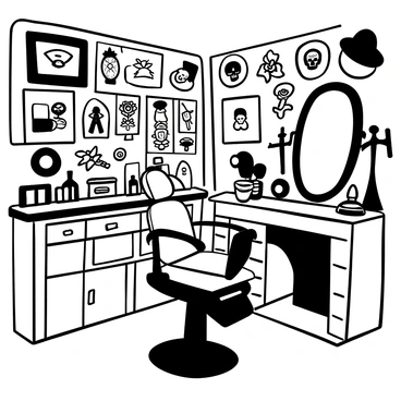 An old-school tattoo parlor with a vintage wooden counter, displaying tattoo equipment neatly arranged. Classic tattoo flash art fills the walls, showcasing various designs such as skulls, roses, and daggers. A leather chair sits in the center, complete with armrests and a footrest, ready for clients. A large mirror hangs on the wall, reflecting the artwork and the chair. An antique lamp illuminates the space, casting soft light over the intricate designs.