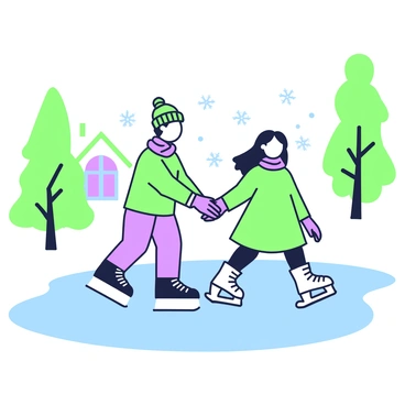 A couple is ice skating hand-in-hand on a frozen pond. The man is wearing a green beanie and a purple scarf, while the woman has a green coat and purple gloves. They are both smiling and gliding smoothly over the ice. Surrounding the pond, there are tall trees with green and purple outlines casting shadows on the surface. In the background, a small cabin with a green roof and purple windows is partially visible, adding to the winter scene. Snowflakes are gently falling around them, creating a tranquil atmosphere.