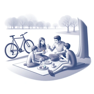 A family of four is seated on a picnic blanket spread out on the grass. They are enjoying various food items such as sandwiches, fruit, and drinks. Nearby, two bicycles are parked, positioned against a tree, with the sun casting shadows on the ground. The trail can be seen in the background, lined with lush green trees. The scene conveys a sense of togetherness and leisure, with the family members smiling and interacting with one another.