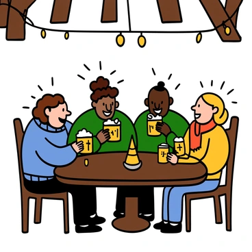 A group of four friends with diverse backgrounds are gathered around a wooden table at "The Three Broomsticks" pub. They are laughing and engaging in lively conversation while holding frosty mugs of "butterbeer" filled to the brim. One friend has light skin and short wavy brown hair, wearing a blue sweater. Another friend has medium skin and long curly hair, dressed in a green shirt. The third has dark skin with a buzz cut, wearing a red scarf. The fourth friend has fair skin and shoulder-length blonde hair, sporting a cozy yellow cardigan. The warm atmosphere of the pub is enhanced by the glowing candles on the table and rustic wooden beams overhead.