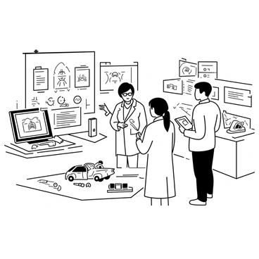 A group of engineers is gathered in a high-tech lab, surrounded by various advanced gadgets and equipment. One engineer, wearing a lab coat and safety glasses, is focused on a computer screen displaying technical schematics for a Bajaj vehicle. Another engineer, holding a tablet, is discussing design concepts with a colleague, pointing at a 3D model of a vehicle. The lab is filled with tools, machinery, and blueprints scattered across tables, emphasizing the innovative atmosphere. Various prototypes of Bajaj vehicles are showcased on workstations around them.