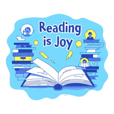 A blue poster features an open book at the center with pages fluttering outward, creating a dynamic movement. Surrounding the book are multiple colorful books stacked in various orientations, with titles visible on their spines. The background is filled with playful shapes and patterns in yellow. There are illustrations of characters reading joyfully in different corners of the poster, with expressions of delight on their faces. Above the open book, the phrase "Reading is Joy" is shown in bold letters, inviting viewers to engage with the theme.