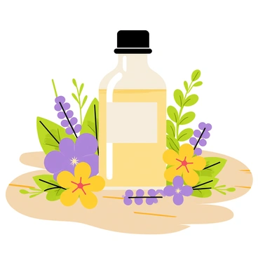 A small glass bottle of "bee balm essential oil" sits at the center of the image. The bottle has a narrow neck and a dark lid, reflecting soft light. Surrounding the bottle, there are various "fresh flowers" in vibrant colors, including purple and yellow blooms. Lush green "herbs," such as mint and basil, are intertwined among the flowers, adding texture to the composition. The background features a wooden table with a warm finish, enhancing the natural theme.