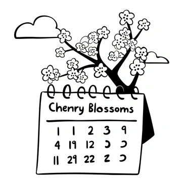 A calendar page displaying the words "Cherry Blossoms" at the top. Beneath it, a detailed illustration of cherry blossom branches filled with numerous flowers in full bloom. The blossoms are intricately depicted, showcasing their delicate petals. In the background, there are soft, fluffy clouds scattered across a clear sky, enhancing the serene atmosphere. The bottom corner of the calendar page features the date written in a clear, bold font.