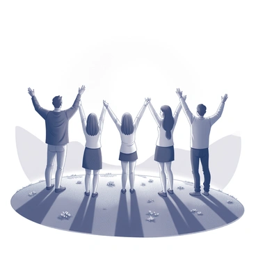 A group of people standing on a hilltop at sunrise, raising their hands as if taking an oath