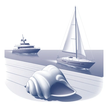 A conch shell is positioned on a wooden sailboat's deck. The shell is detailed, showcasing its natural ridges and curves. In the background, a yacht is seen cruising, featuring a sleek design with sails raised and waves gently lapping at its hull. The scene captures a sense of calm, with the deck reflecting subtle textures from the sunlight.