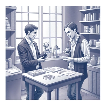 Two collectors stand inside a quaint antique shop filled with various vintage items. One collector is examining a tarnished silver pocket watch, holding it delicately between their fingers, while the other collector showcases a collection of old postcards, spread out on a wooden table. The shop is adorned with wooden shelves lined with eclectic trinkets, antique furniture, and old books. Soft light filters through a window, casting gentle shadows on the items, enhancing the warm atmosphere of the shop. The collectors are engaged in conversation, their expressions showing interest and excitement about the items.