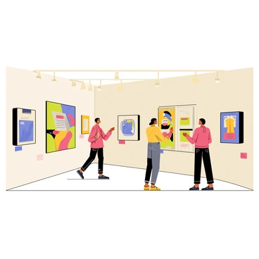 A gallery interior featuring walls lined with colorful art pieces. Each artwork showcases a combination of thick paint textures, layered collage elements, and vibrant digital prints. Some pieces incorporate geometric shapes, while others feature organic forms. The artworks are framed in various styles, some with sleek modern frames and others with ornate designs. Soft, warm lighting illuminates the gallery, casting gentle shadows on the floor. Brightly colored labels next to each piece provide titles and artist names. Visitors can be seen observing the art, engaged in discussions.