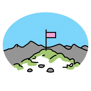 A panoramic view from a mountain peak, showcasing layers of rugged mountain ranges in the background under a clear blue sky. In the center, a flag is fluttering in the wind, its colors vibrant against the landscape. Below the peak, patches of green grass and rocky terrain are visible, adding contrast to the scene. The sunlight casts shadows across the mountains, enhancing their texture and depth.