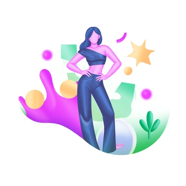 A stylish figure stands confidently, showcasing an avant-garde outfit characterized by asymmetrical cuts and bold colors. The outfit features a mix of textures, including a glossy fabric and intricate patterns. The figure's pose is dynamic, with one hand on their hip and the other extended gracefully. Behind the figure, there is a vibrant backdrop filled with abstract shapes in shades of pink, teal, and yellow, creating a lively contrast that enhances the overall look. The lighting highlights the details of the outfit, emphasizing its unique design elements.