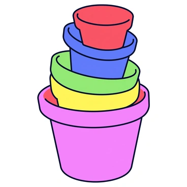 A stack of potties in various colors including red, blue, green, and yellow. The potties vary in size, with the largest at the bottom and progressively smaller ones stacked on top, forming a pyramid shape. Each potty has a smooth, simple surface and a slightly rounded design. The stack is placed on a flat, white surface.