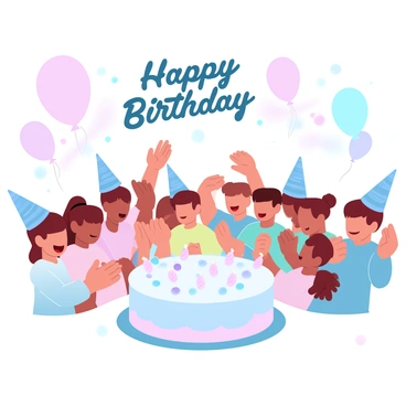 A group of preschoolers wearing colorful party hats is gathered around a large birthday cake. The cake is decorated with vibrant frosting and topped with candles. Some children are clapping their hands in excitement, while others are leaning in closer to get a better view of the cake. Brightly colored balloons are floating above them, and a banner that says "Happy Birthday" is draped in the background. The scene is filled with joy and celebration, capturing the festive atmosphere of a birthday party.