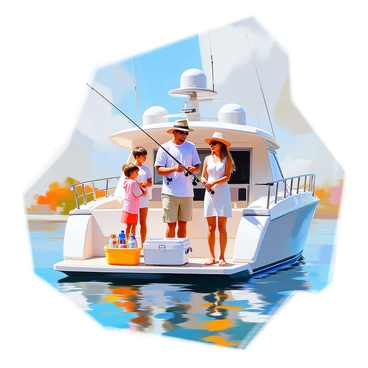 A family of four is standing on the side of a stationary yacht, engaged in fishing. The mother, wearing a wide-brimmed hat and sunglasses, is holding a fishing rod while smiling at her children. The father is next to her, patiently explaining how to cast the line. The two children, a boy and a girl, are excitedly waiting for a bite, with their own rods in hand. The yacht is anchored in calm blue waters, reflecting the clear sky above. The scene captures a warm, sunny day, with gentle waves lapping against the hull of the yacht. Fishing gear and a cooler filled with drinks are visible on the deck, adding to the family’s outdoor adventure.