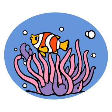 A clownfish with bright orange and white stripes is darting in and out of a vibrant sea anemone. The sea anemone features long, flowing tentacles in shades of purple and pink, swaying gently in the water. The background reveals a rich blue ocean with small bubbles rising, creating a lively underwater scene. The clownfish displays a curious expression as it moves playfully among the anemone’s tentacles, embodying a sense of energy and liveliness.