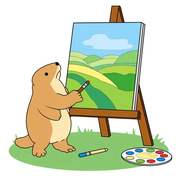 A cute prairie dog with light brown fur is standing on its hind legs in front of a wooden easel. The easel holds a canvas that displays an abstract painting featuring vibrant colors and shapes representing a prairie landscape, with swirling greens, yellows, and blues. The prairie dog holds a small paintbrush in its paws and appears focused on adding details to the artwork. Nearby, a palette filled with various colors and a few paint tubes scatter across the grass. The setting is a sunny day with a clear blue sky.