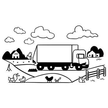 A large truck lies on its side at a quiet countryside crossroads, with damaged wheels and debris scattered around. Nearby, a wooden fence is partially broken, and a few farmhouses can be seen in the distance, surrounded by fields. A group of small animals, such as chickens and sheep, can be seen curiously approaching the scene. The sky above is filled with clouds, creating a dramatic atmosphere over the accident.