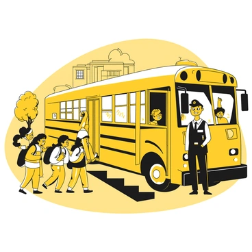 A bus driver with a cheerful expression is standing at the entrance of a yellow bus. He is wearing a black uniform with a name tag and a black cap. The bus doors are open wide, allowing a group of students to board. The students, a mix of boys and girls, are carrying backpacks and smiling as they walk up the steps. The background features a school building with a few trees nearby, indicating a school environment.