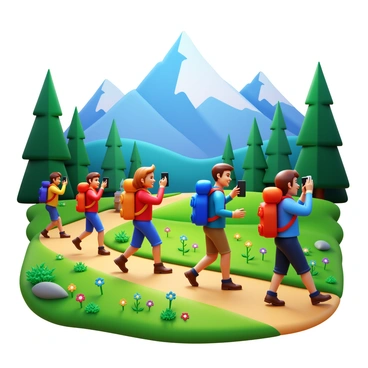 A group of backpackers hiking on a scenic mountain trail. Each person carries a different colored backpack, showcasing vibrant hues against the natural landscape. The trail winds through lush greenery, dotted with wildflowers in various colors. Tall mountains rise majestically in the background, their peaks capped with snow. The sunlight filters through the trees, creating dappled patterns on the ground. The backpackers are engaged in capturing photographs of the breathtaking views, with smiles on their faces, embodying the spirit of travel and adventure.