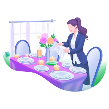 An elegant dining table is set with fine china, sparkling crystal glassware, and polished silverware. The table is adorned with a centerpiece of fresh flowers in soft pastel colors, surrounded by flickering candles in elegant holders. A well-dressed event planner is arranging the place settings, adjusting napkins with a delicate touch. The room has a warm ambiance, highlighted by soft lighting that enhances the sophistication of the scene.