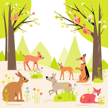 Various animals peacefully coexisting in a blossoming spring forest