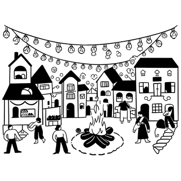 A quaint village celebrating a festival with lanterns and food stalls