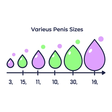 A chart is displayed, featuring a series of line drawings representing various penis sizes. Each drawing is arranged in an orderly fashion along the horizontal axis, showcasing a range from small to large. The vertical axis is labeled with corresponding size measurements. The chart includes markers or dots above each drawing to indicate specific points of measurement. A title at the top of the chart reads "Various Penis Sizes".