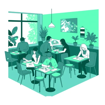 A teal cozy cafe setting in Philadelphia features several small tables occupied by artists focused on their work. Each artist is engaged in creating detailed illustrations, with sketchbooks and colorful art supplies scattered across their tables. The cafe's walls are adorned with vibrant artwork, and there are potted plants placed strategically around the room. Soft lighting from hanging fixtures casts a warm glow over the scene, enhancing the inviting atmosphere of creativity.