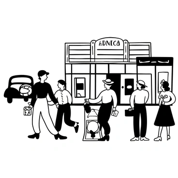 A woman in a 1940s dress with a fitted waist and flared skirt is standing in line at a classic cinema. She is holding a small handbag and wearing a cloche hat adorned with a ribbon. The cinema marquee displays the title of a film in large letters. There are several other people in line, dressed in period-appropriate fashion, and a vintage car parked nearby. Poster displays for classic films are visible in the background.