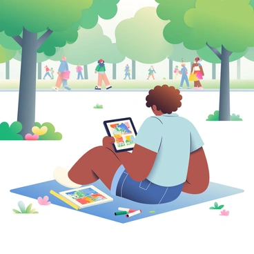 An artist with medium skin and curly brown hair is sitting on a blanket in a sunny park. They are using an iPad to create vibrant illustrations, with colorful sketches displayed on the screen. The artist is wearing a light blue t-shirt and denim shorts. Surrounding them are various art supplies, including markers and a sketchbook filled with drawings. Tall green trees provide shade, and a few colorful flowers are blooming nearby in the grass. In the background, people are walking and enjoying the sunny day.