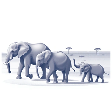 A herd of elephants walking across an expansive savanna. The elephants vary in size, with some being large adults and others smaller calves closely following. The animals have large ears and long trunks, some raised as they communicate with each other. In the background, grasslands stretch out endlessly, dotted with acacia trees. The ground is dry and slightly dusty, indicating the warmth of the sun overhead. The sky is clear, emphasizing the openness of the landscape.