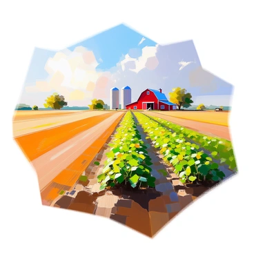 A landscape depicting expansive farm fields with vibrant green cover crops planted between rows of main crops. The cover crops, including clover and rye, create a lush, textured layer across the soil, enhancing the earth's color with their fresh growth. The sky overhead is a clear blue, and the sun casts a warm light over the fields, highlighting the health of the plants. In the distance, there are farm structures like a rustic barn and silos, framed by a few scattered trees, creating a harmonious agricultural scene.