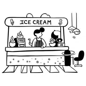 A cartoon character with exaggerated features wearing a striped apron is standing behind a vintage ice cream counter. The character is scooping ice cream into a cone, with various flavors displayed in large tubs on the counter. The parlor has retro-style decor, with checkered flooring and an old-fashioned cash register. "Ice Cream" is written in bold letters above the counter. Brightly colored ice cream decorations hang from the ceiling, and there are empty tables with chairs in the background.