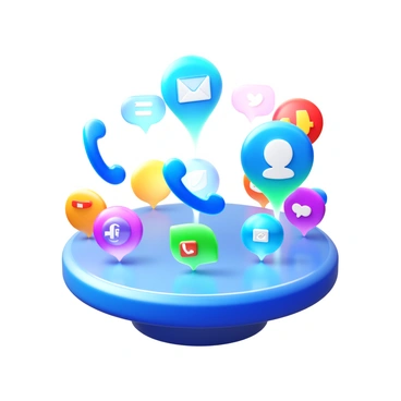A futuristic 3D hub designed as a central information point. The hub is filled with various contact method symbols, such as "email", "phone", "chat", and "social media" icons. Each symbol is represented in three-dimensional form, with bright colors and sleek designs. The hub features a smooth, polished surface, reflecting light and creating a modern aesthetic. Some symbols are glowing, indicating active connectivity. The overall composition conveys a sense of advanced technology and seamless communication.