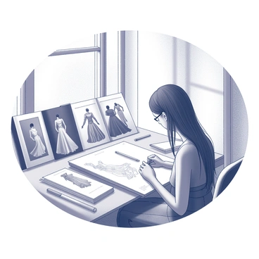A designer is seated at a drafting table, intently sketching a gown. The designer is focused, with a pencil in hand, capturing the flowing lines and intricate details of the dress. Several fabric swatches are spread out beside the sketchbook, showcasing potential textures and patterns. The scene includes an array of high-end fashion magazines open to pages featuring elegant gowns. A large window in the background filters natural light into the workspace, illuminating the designer's tools and enhancing the creative atmosphere. The sketch prominently displays the phrase "Oscar Night Gown" on the upper corner of the page, highlighting the theme of glamour.
