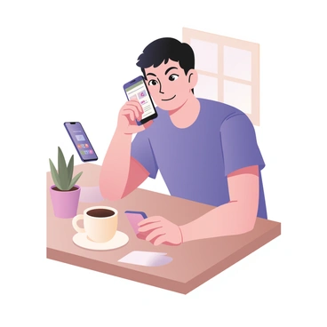 A person sitting at a wooden table, holding a smartphone in their right hand. The smartphone screen displays various colorful app icons, including a savings account app with a piggy bank symbol and a chart icon. The person has short black hair and is wearing a casual blue t-shirt. They are looking intently at the screen with a focused expression. In the background, there is a small potted plant and a coffee cup on the table, contributing to a cozy atmosphere. The light from a nearby window casts soft shadows on the surface.