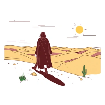 A tall figure resembling "Aragorn" is walking across a vast desert landscape under a bright sun. The desert is expansive, with rolling sand dunes stretching into the distance. The sand has waves and ripples, creating patterns across the ground. Aragorn is wearing a weathered, dark cloak that flutters slightly in the dry wind. His rugged boots are partially buried in the sand as he strides forward, determined. A few scattered desert plants can be seen dotting the landscape, their green contrasting against the golden sand. The sky above is clear with a few wispy clouds floating, emphasizing the heat of the day.