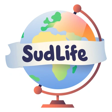 A large globe representing Earth is positioned in the center, displaying colorful continents and prominent oceans. Wrapped around the globe is a white banner with the text "SudLife" in bold black letters. The banner is elegantly draped, symbolizing the concept of worldwide coverage. The globe is set on a wooden stand, and soft light illuminates the scene, highlighting the contours of the continents and the flowing texture of the banner.