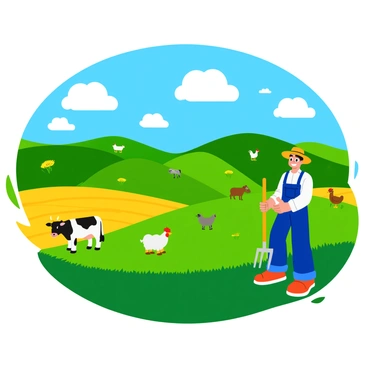 A vast farm landscape with rolling green hills and patches of golden wheat swaying in the breeze. A variety of animals including cows, sheep, and chickens are scattered across the grassy fields, grazing peacefully. In the foreground, a farmer in blue overalls and a straw hat stands with a content smile, holding a pitchfork. Above, a bright blue sky is dotted with fluffy white clouds, creating a cheerful atmosphere in the scene.
