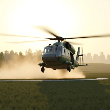 An NH90 helicopter with a green and gray color scheme is positioned on a grassy landing pad. The rotor blades are spinning rapidly as it begins to lift off the ground. The early morning light casts a soft glow, illuminating the scene with warm hues of orange and yellow. A thick layer of mist rises from the ground, partially obscuring the surrounding landscape and creating an atmospheric effect. The helicopter's cockpit is visible, showcasing the pilot and co-pilot in their seats, focused on the takeoff. Trees and low hills are faintly visible in the background, shrouded in mist.